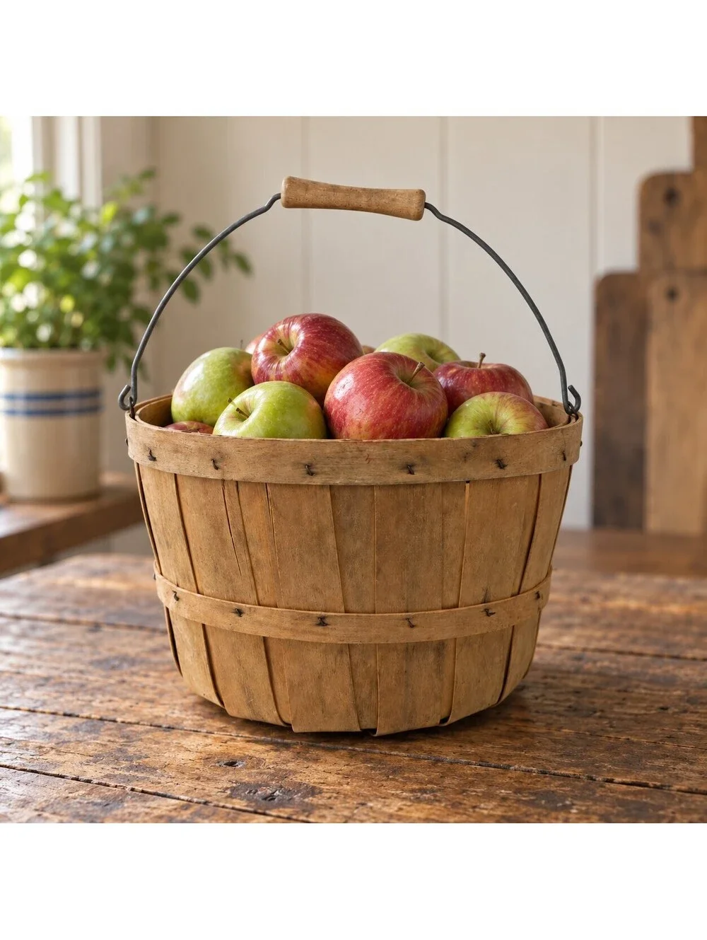 Vintage Wood Splint Apple Basket Wire Handle Rustic Farmhouse Harvest Decor